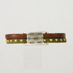 Bracelet femme original cuir kaki made in France, avec passant argent motif plume