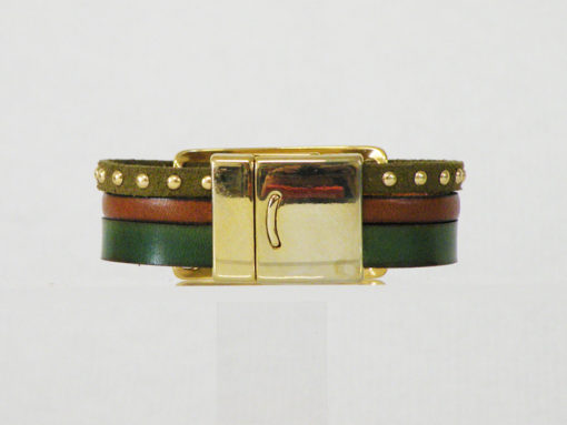 Bracelet femme cuir vert et marron avec fermoir et passant dorés , artisanal français