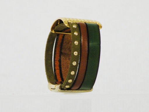 Bracelet femme cuir vert et marron avec fermoir et passant dorés , artisanal français